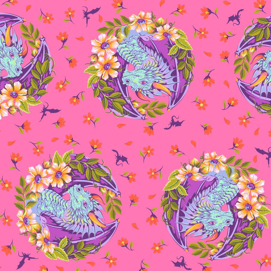 The image is a vibrant and colorful pattern featuring a dragon surrounded by flowers and leaves against a pink background.