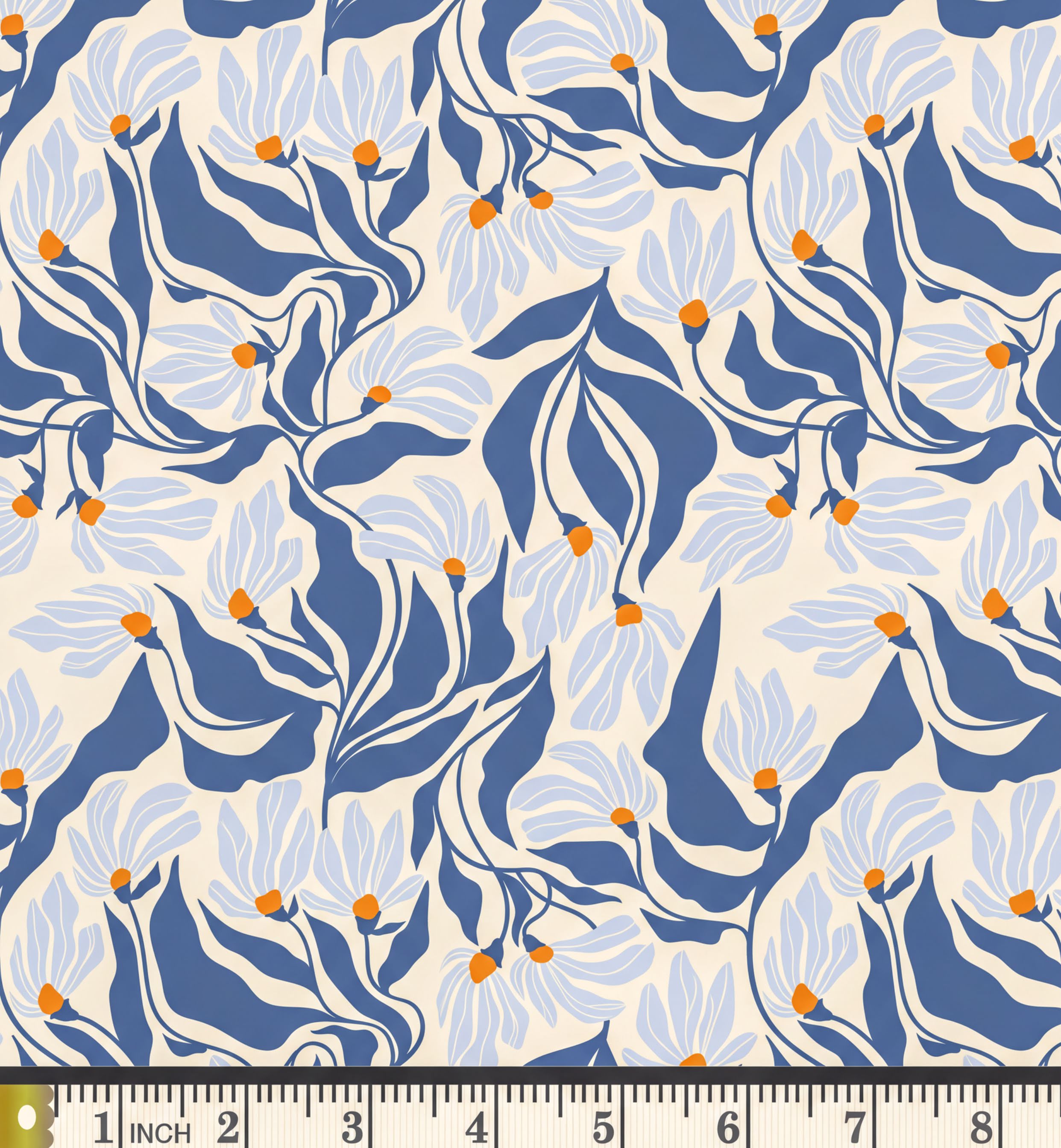 a repeating pattern of blue and white flowers with orange centers, creating a visually appealing and harmonious design.