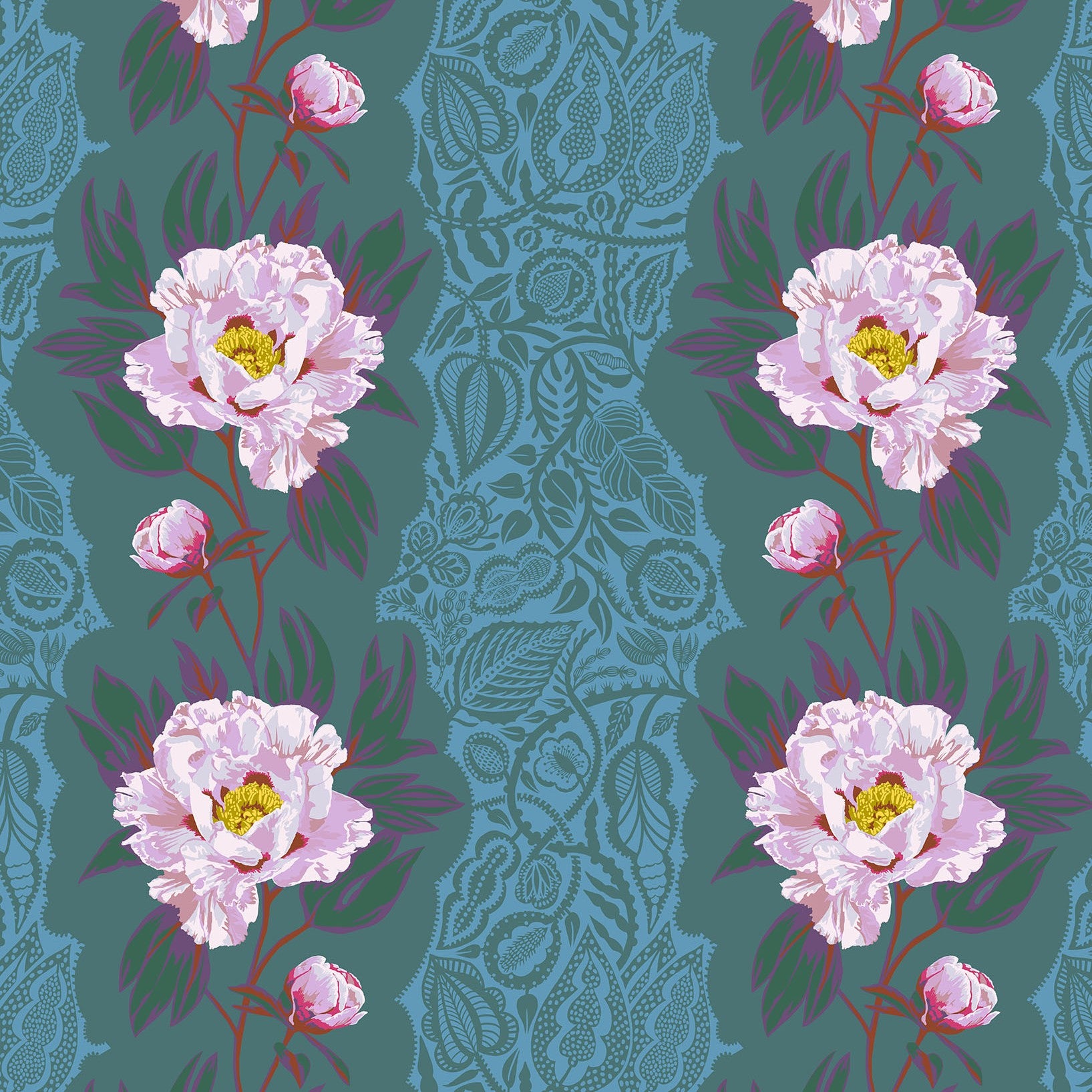 a repeating pattern of pink peonies with green leaves against a blue background.
