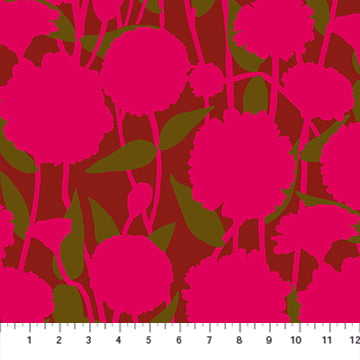 a repeating pattern of pink flowers against a dark red background.