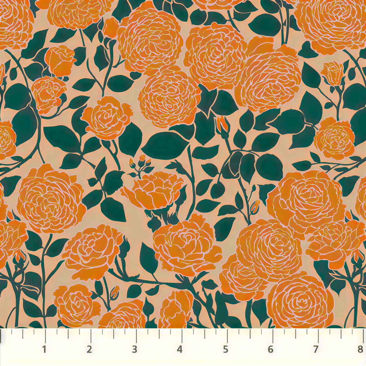 a repeating pattern of orange roses and green leaves on a light peach background.