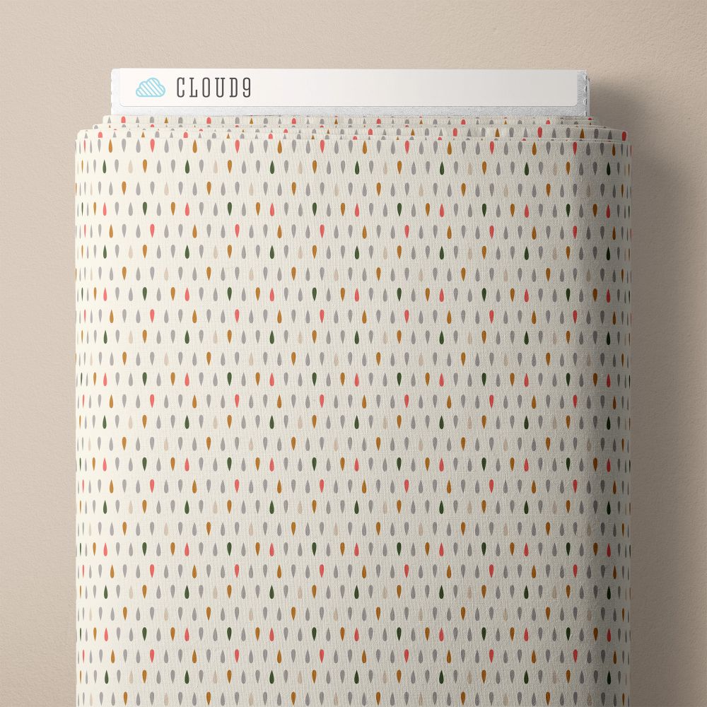 a fabric with a repeating pattern of multicolored raindrops or droplets, creating a visually interesting and textured appearance.