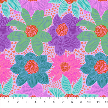 a vibrant and colorful floral pattern with various shades of green, pink, purple, and blue flowers. The pattern is composed of multiple images of flowers, creating a visually striking and dynamic design.