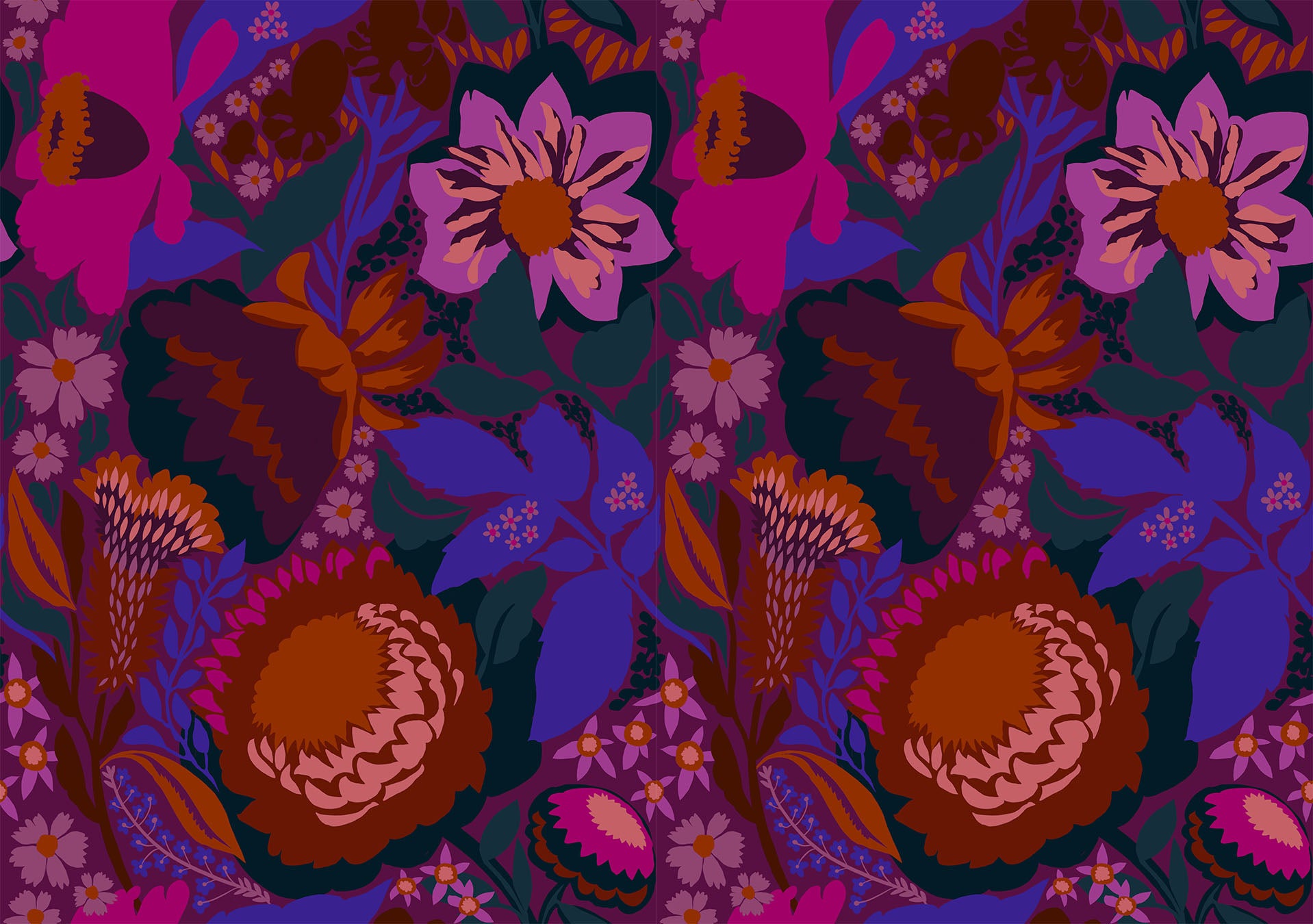 The image is a vibrant and colorful pattern featuring a variety of flowers and foliage in shades of pink, purple, blue, and orange. The pattern appears to be a repeating design, with the flowers and leaves arranged in a visually appealing and harmonious manner.