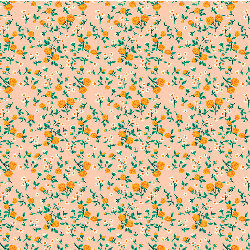 an orange and green floral pattern on a peach background