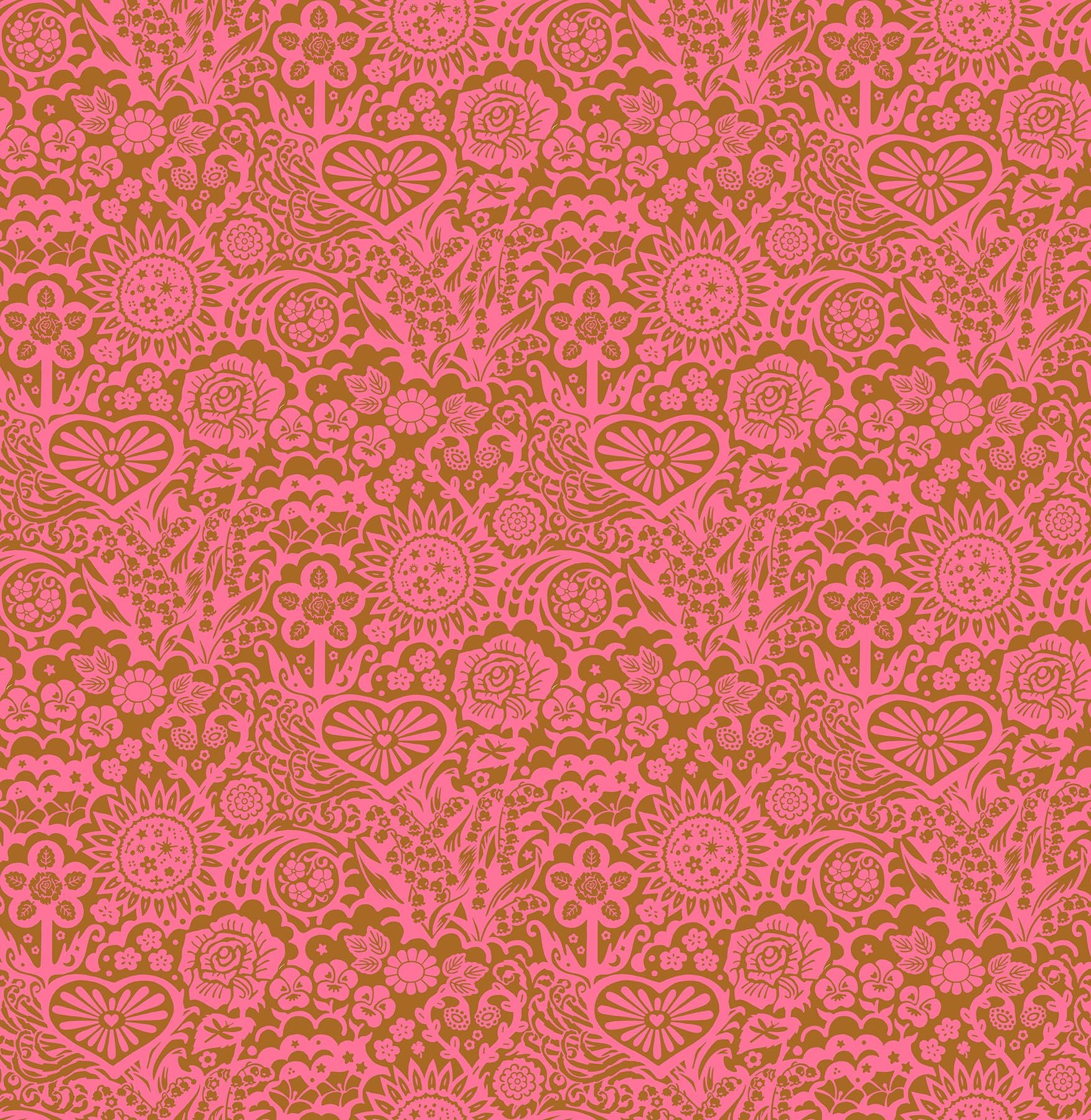 The image is a repeating pattern of pink and brown floral and sun-like designs, creating a visually striking and intricate design.
