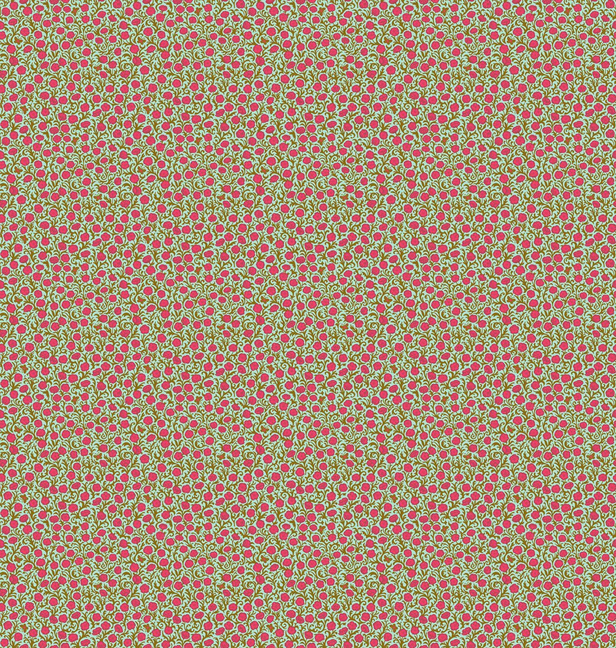 The image is a repeating pattern of red and green flowers or leaves, creating a visually striking and vibrant design.