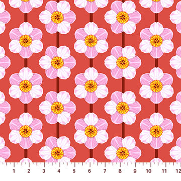 a repeating pattern of pink and white flowers against a red background.