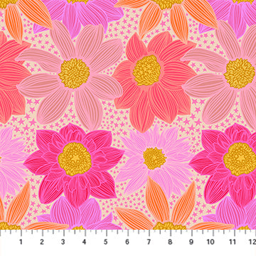 a repeating pattern of pink and orange flowers with yellow centers, creating a vibrant and colorful design.