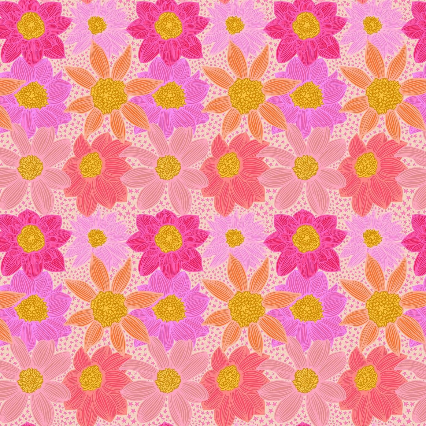 a repeating pattern of pink and orange flowers with yellow centers, creating a vibrant and visually appealing design.