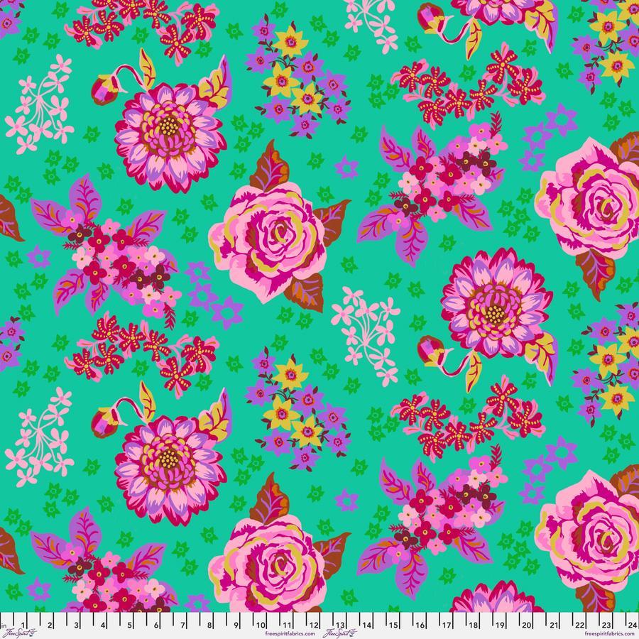 a vibrant and colorful floral pattern with various types of flowers and leaves in shades of pink, red, yellow, and green against a teal background.