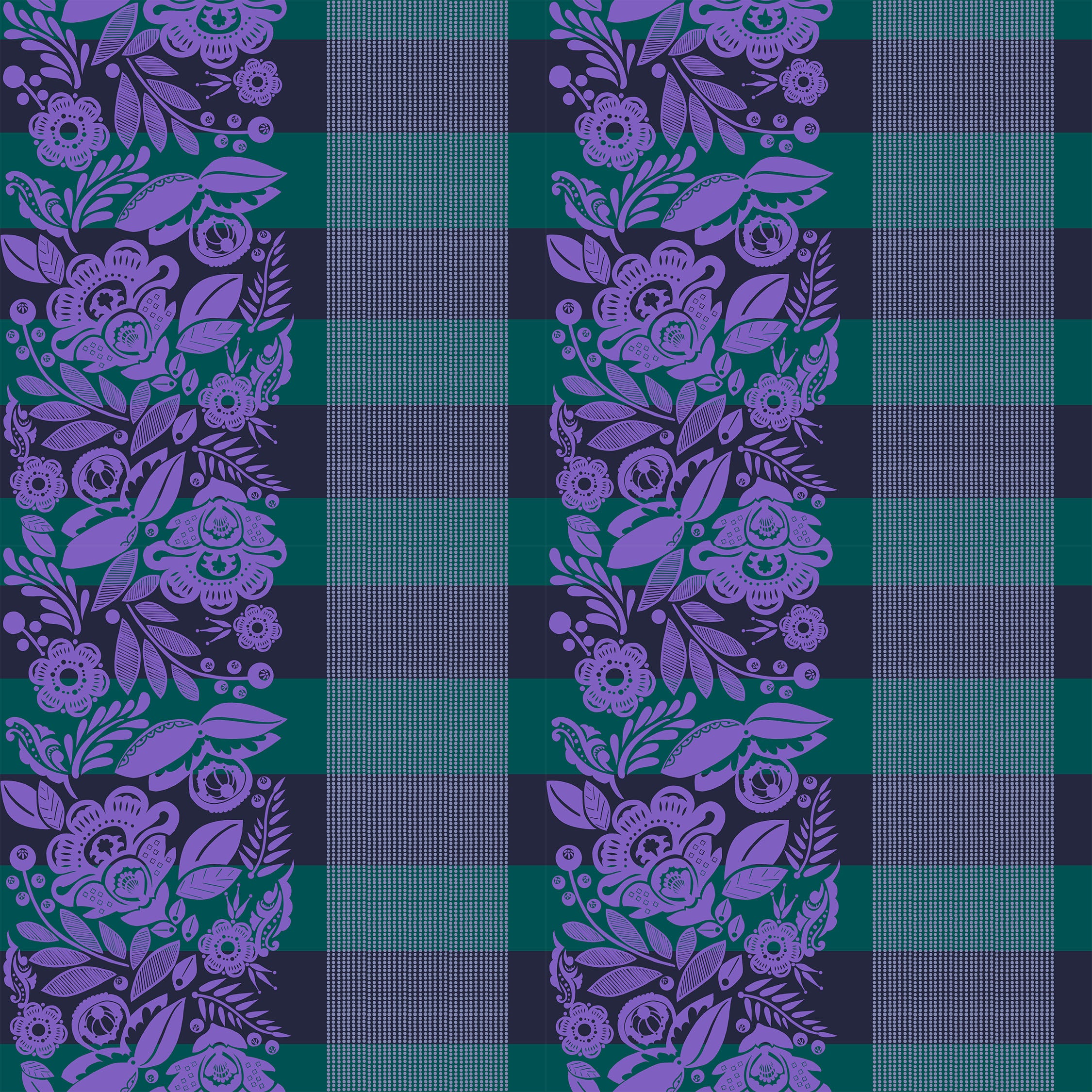 a repeating pattern of purple flowers and green leaves on a dark blue background, creating a visually striking and vibrant design.