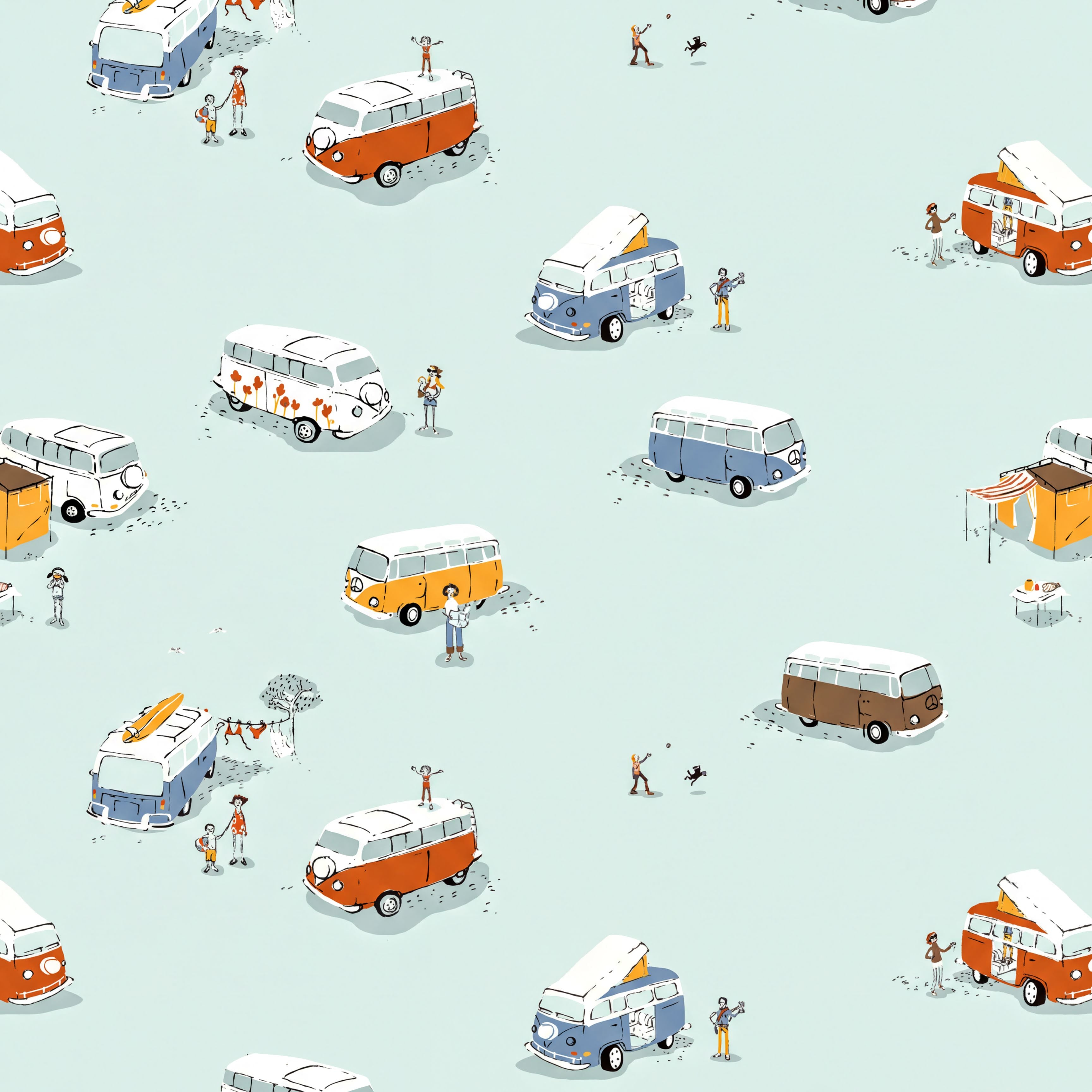 The image is a repeating pattern of various colorful vans and people, creating a lively and dynamic scene.