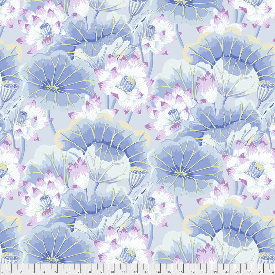 a repeating pattern of blue and white flowers with yellow centers, creating a visually appealing and harmonious design.