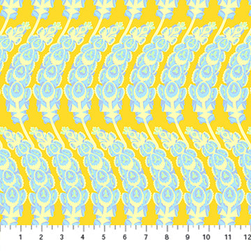 a repeating pattern of blue and yellow flowers or leaves, arranged in a diagonal line across a yellow background.
