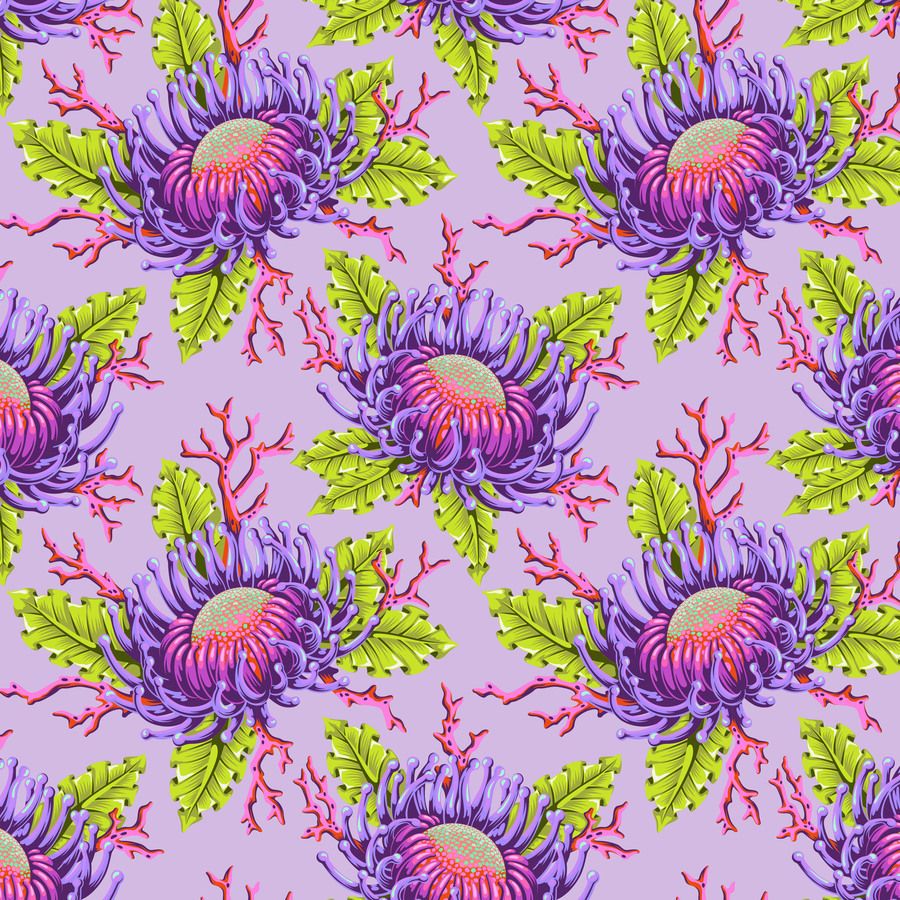 a repeating pattern of purple flowers with green leaves and red stems against a purple background.