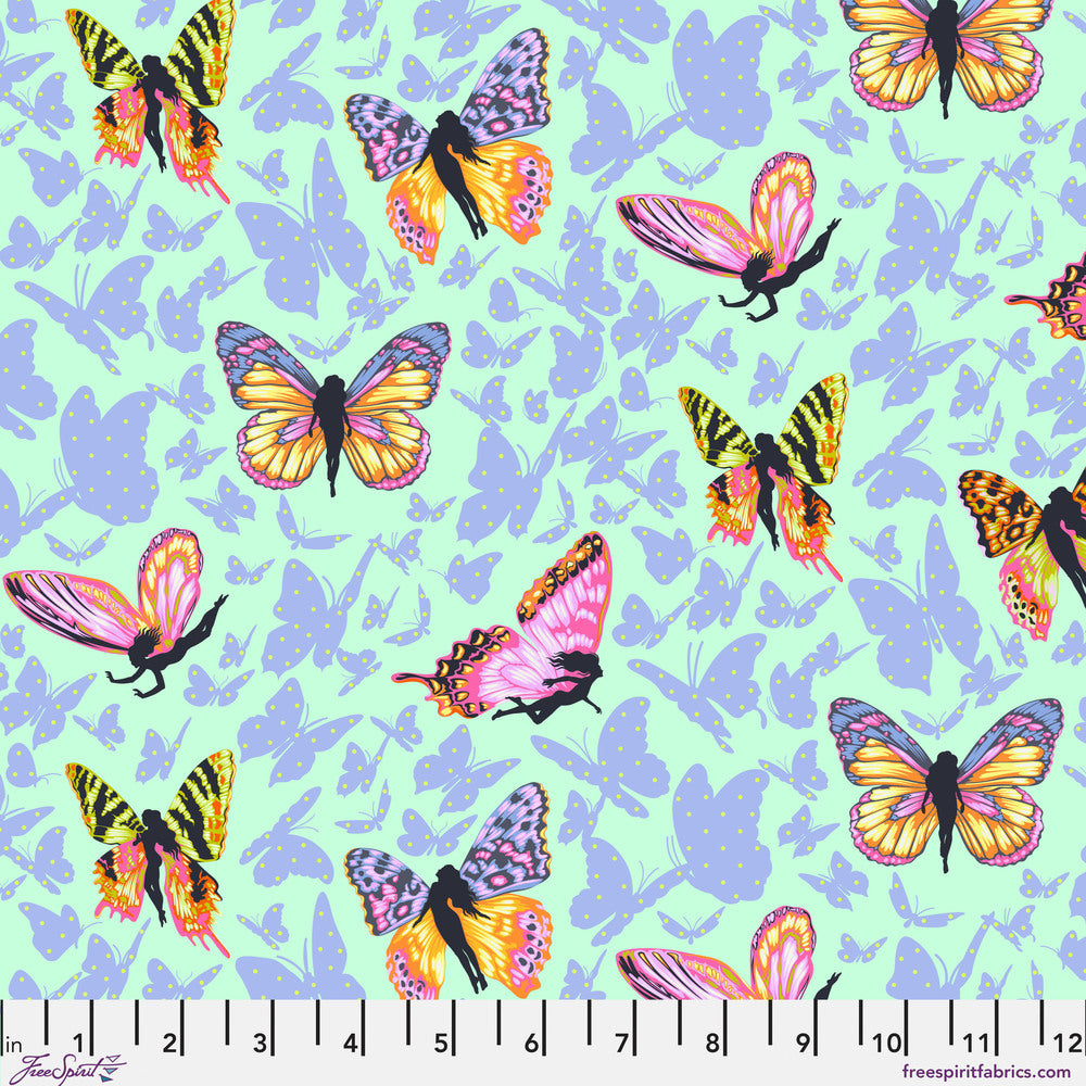 a vibrant and colorful pattern of butterflies against a light blue background. The butterflies are depicted in various sizes and orientations, creating a dynamic and lively visual effect.