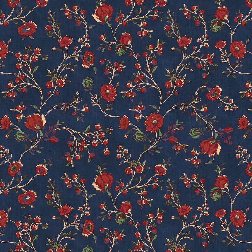 a repeating floral pattern with red flowers and green leaves against a dark blue background.