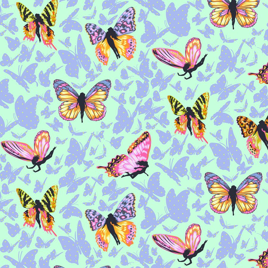 a repeating pattern of colorful butterflies against a light blue background.