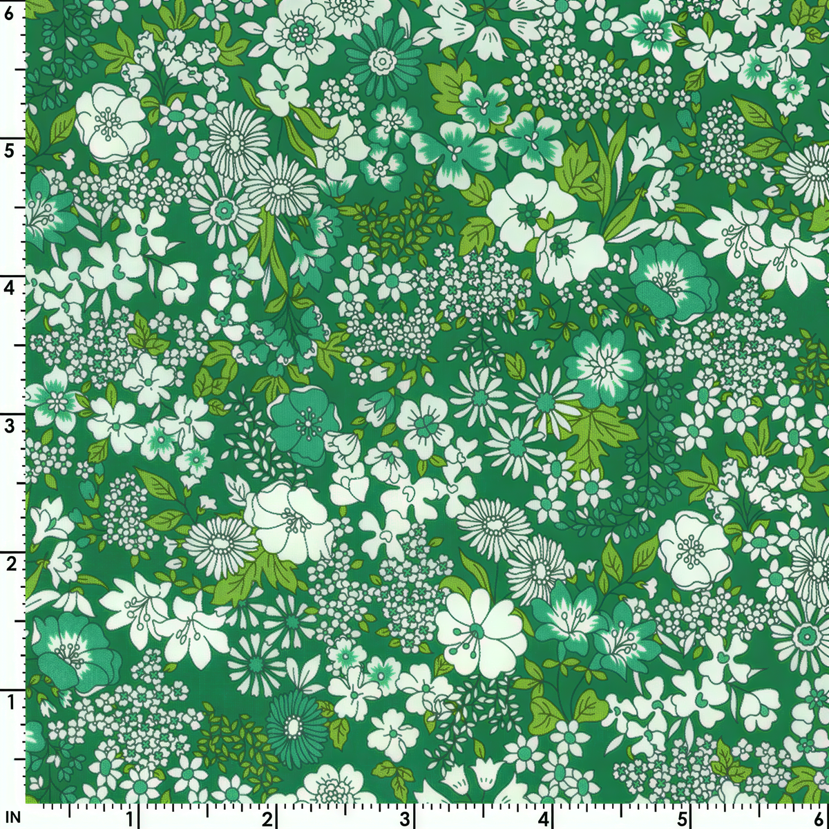 The image is a vibrant and colorful fabric with a repeating pattern of white and green flowers and leaves. The pattern is intricate and detailed, creating a visually appealing and lively design.