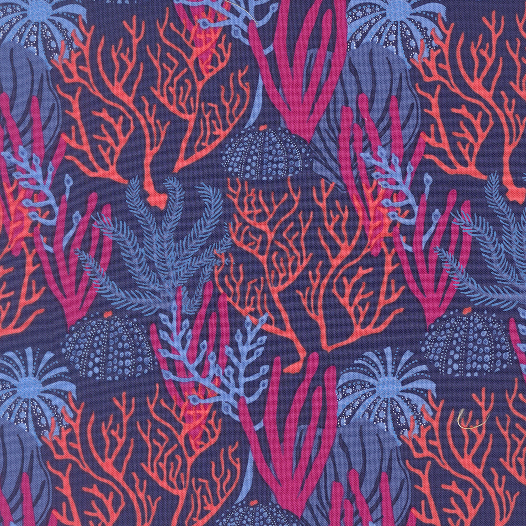 a vibrant and colorful pattern of coral and marine life, including various types of sea plants and sea creatures, all set against a dark background.