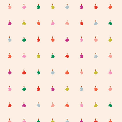 a grid of small, colorful Christmas ornaments arranged in a repeating pattern.