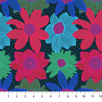 The image is a vibrant and colorful pattern featuring a variety of stylized flowers in shades of pink, blue, green, and purple against a dark background.