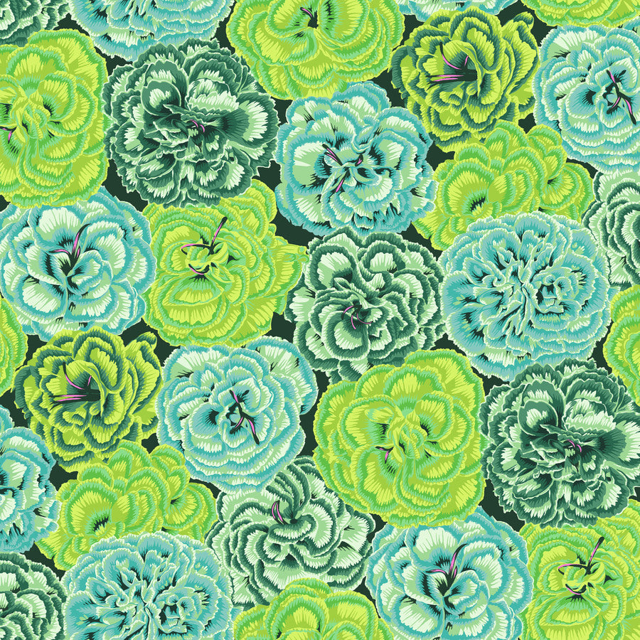 The image is a vibrant and colorful pattern of various flowers in shades of green and blue, creating a visually striking and lively design.