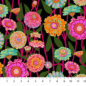 The image is a vibrant and colorful collage of various flowers and leaves, including pink, orange, and green flowers, against a black background.