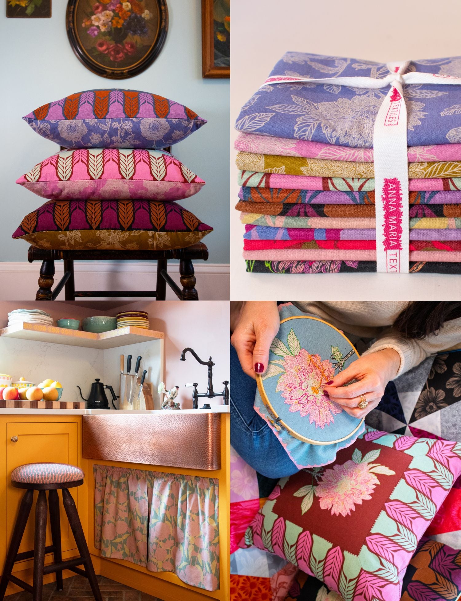 The image is a collage of four photos. The top photo shows a stack of colorful pillows on a wooden stool. The middle photo shows a person embroidering a floral design on a pillow. The bottom photo shows a kitchen counter with various kitchen items, and the right photo shows a person sitting on a chair and working on a sewing project.