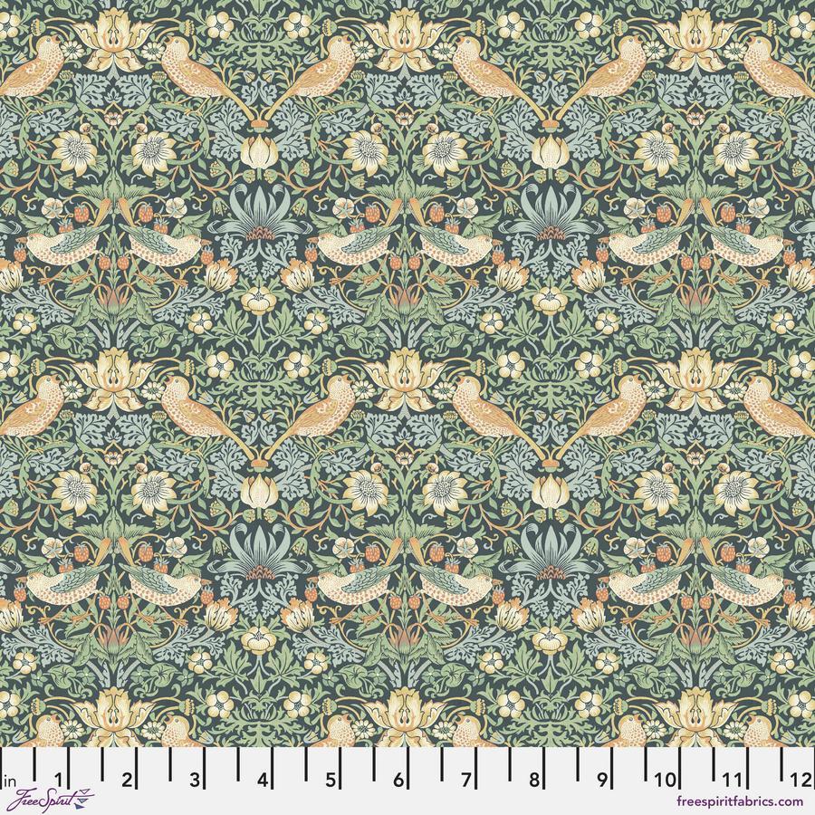 The image is a repeating pattern of a floral design with birds and flowers in shades of green, yellow, and orange. The pattern is arranged in a symmetrical and intricate manner, creating a visually appealing and detailed design.