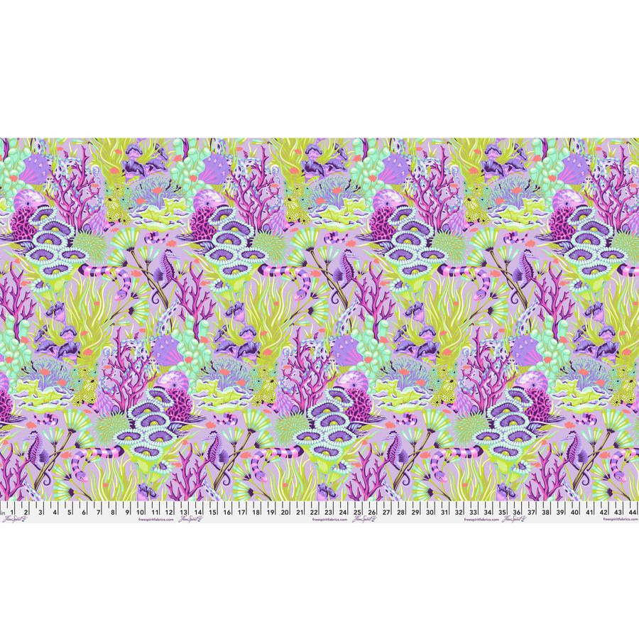 The image is a vibrant and colorful pattern featuring various marine life and underwater elements, such as fish, coral, seaweed, and other sea creatures, all set against a background of green and purple hues.