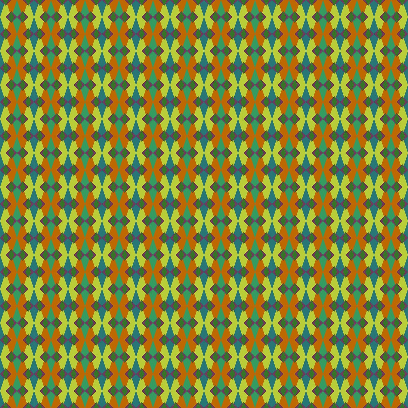 a repeating pattern of geometric shapes in various colors, including shades of green, orange, and yellow. The pattern consists of a series of diamond shapes arranged in a diagonal grid-like pattern, creating a visually striking and symmetrical design.