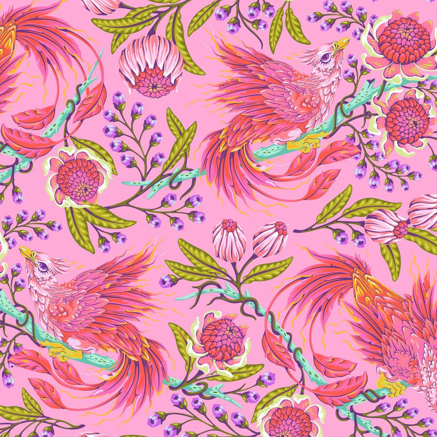 The image is a vibrant and colorful pattern featuring stylized pink and red phoenixes, flowers, and leaves against a pink background.
