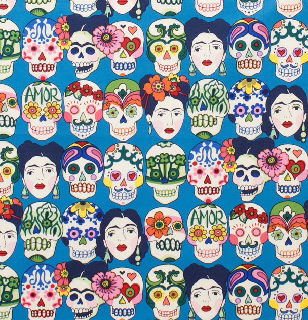a blue background with skulls and flowers on it