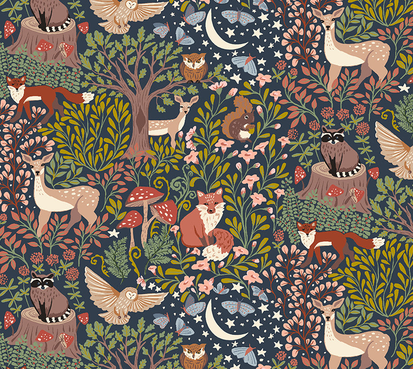 a pattern with animals and trees on a blue background