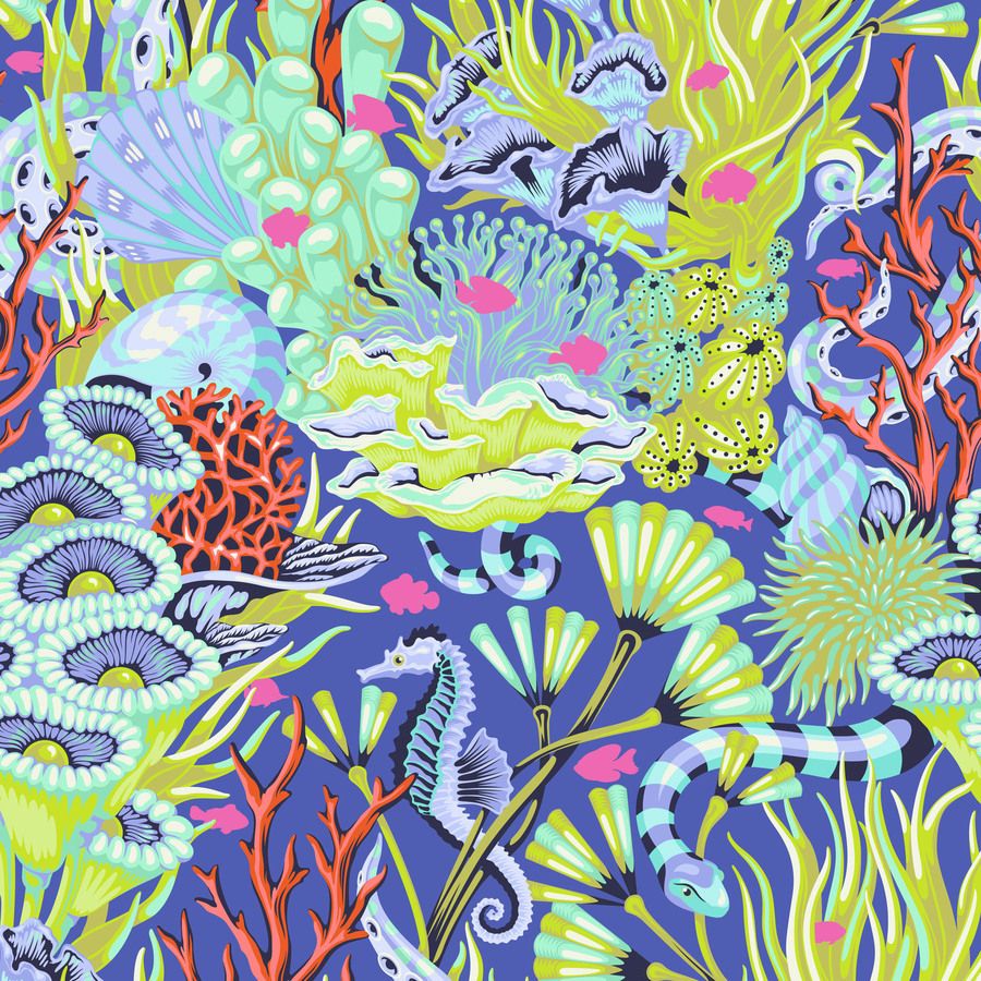 The image is a vibrant and colorful underwater scene featuring a variety of marine life, including a seahorse, coral, fish, and other sea creatures, all set against a deep blue background.