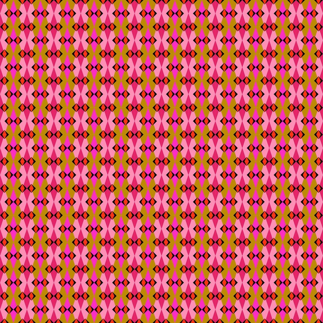 a repeating pattern of pink and yellow diamond shapes arranged in a grid-like fashion.