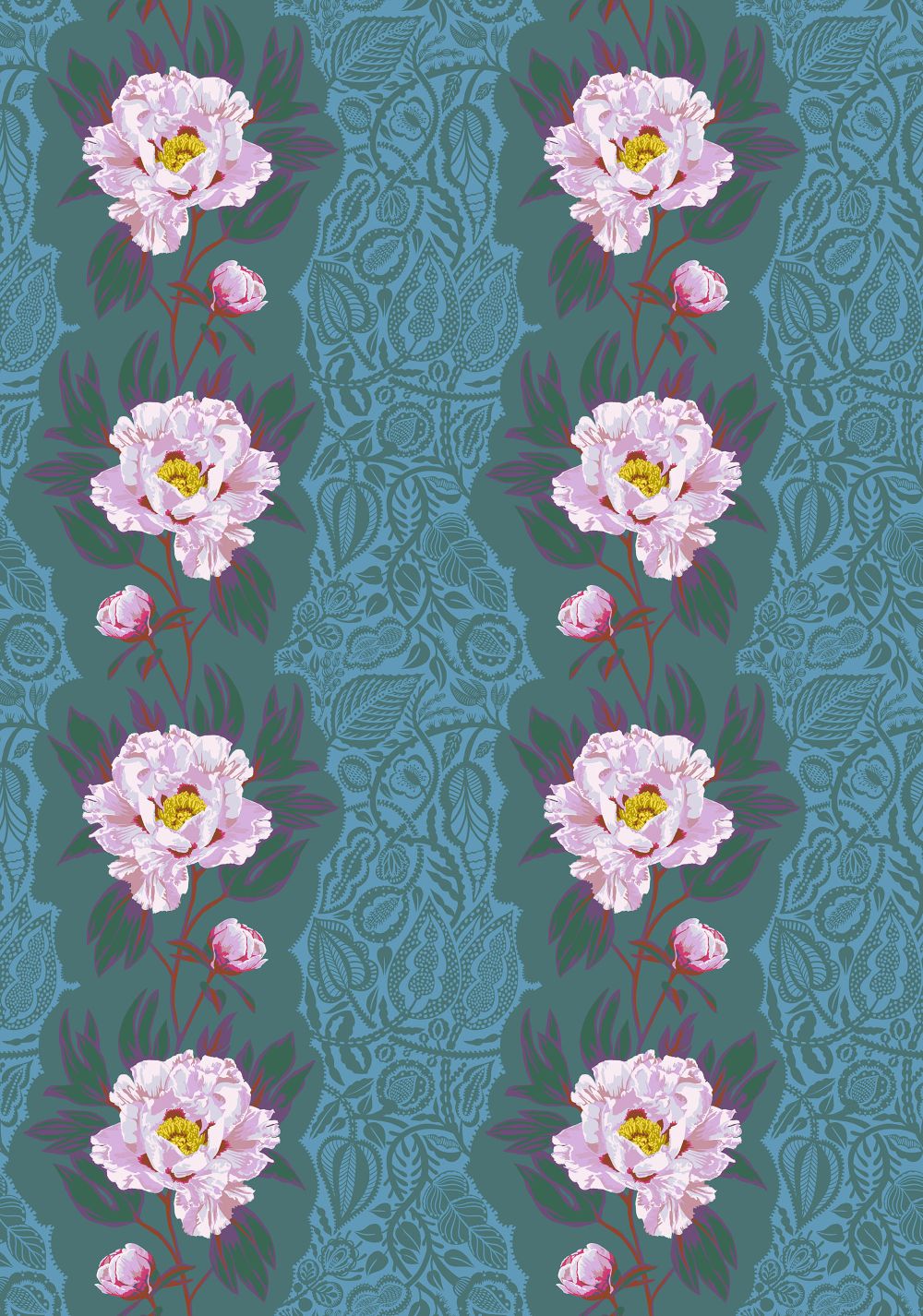 a repeating pattern of pink peonies with green leaves against a blue background.