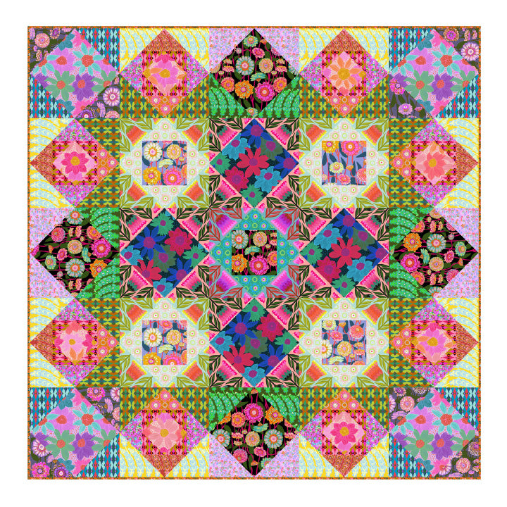 The image is a vibrant and intricate quilt composed of various colorful and patterned fabric pieces arranged in a symmetrical and visually striking design.