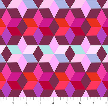 a repeating pattern of red, pink, and purple hexagonal shapes arranged in a grid-like fashion.