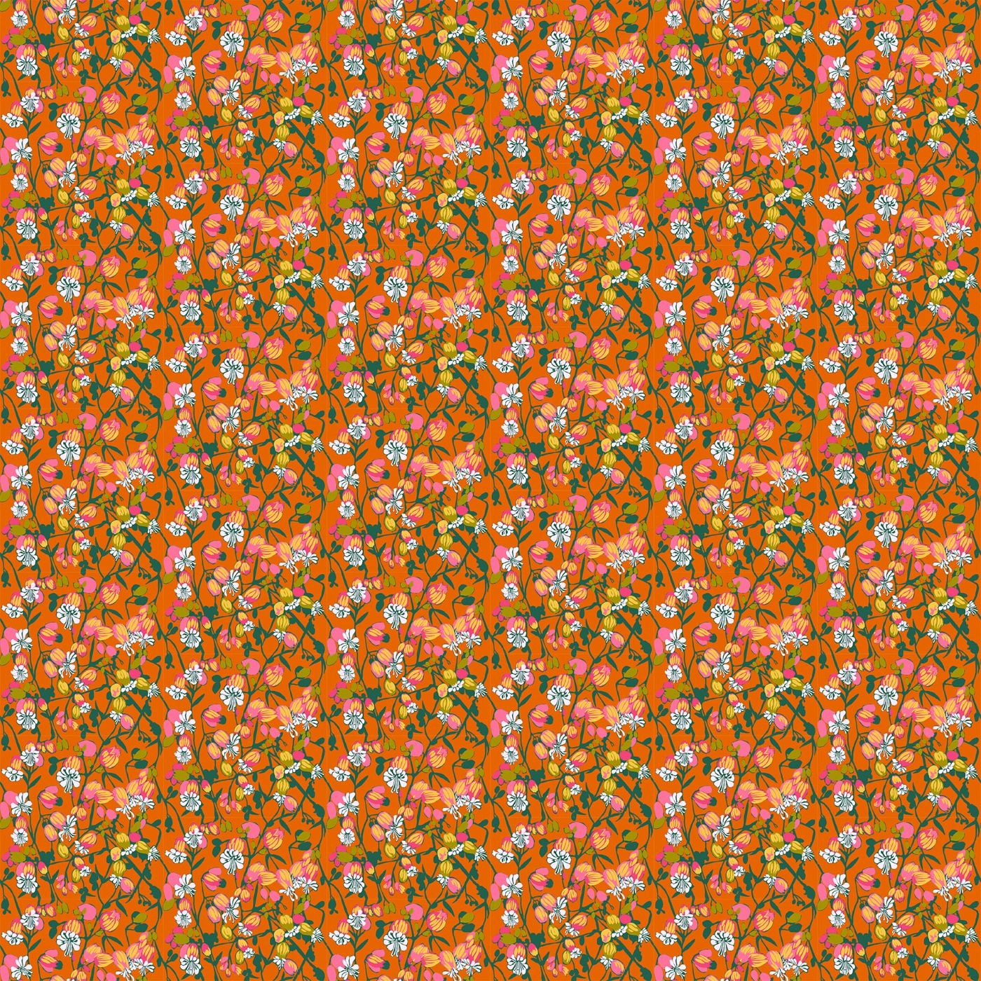 The image is a repeating pattern of various flowers and leaves in shades of orange and green against a dark orange background.