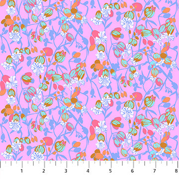 The image is a vibrant and colorful fabric with a repeating pattern of flowers and leaves in shades of pink, blue, and orange.