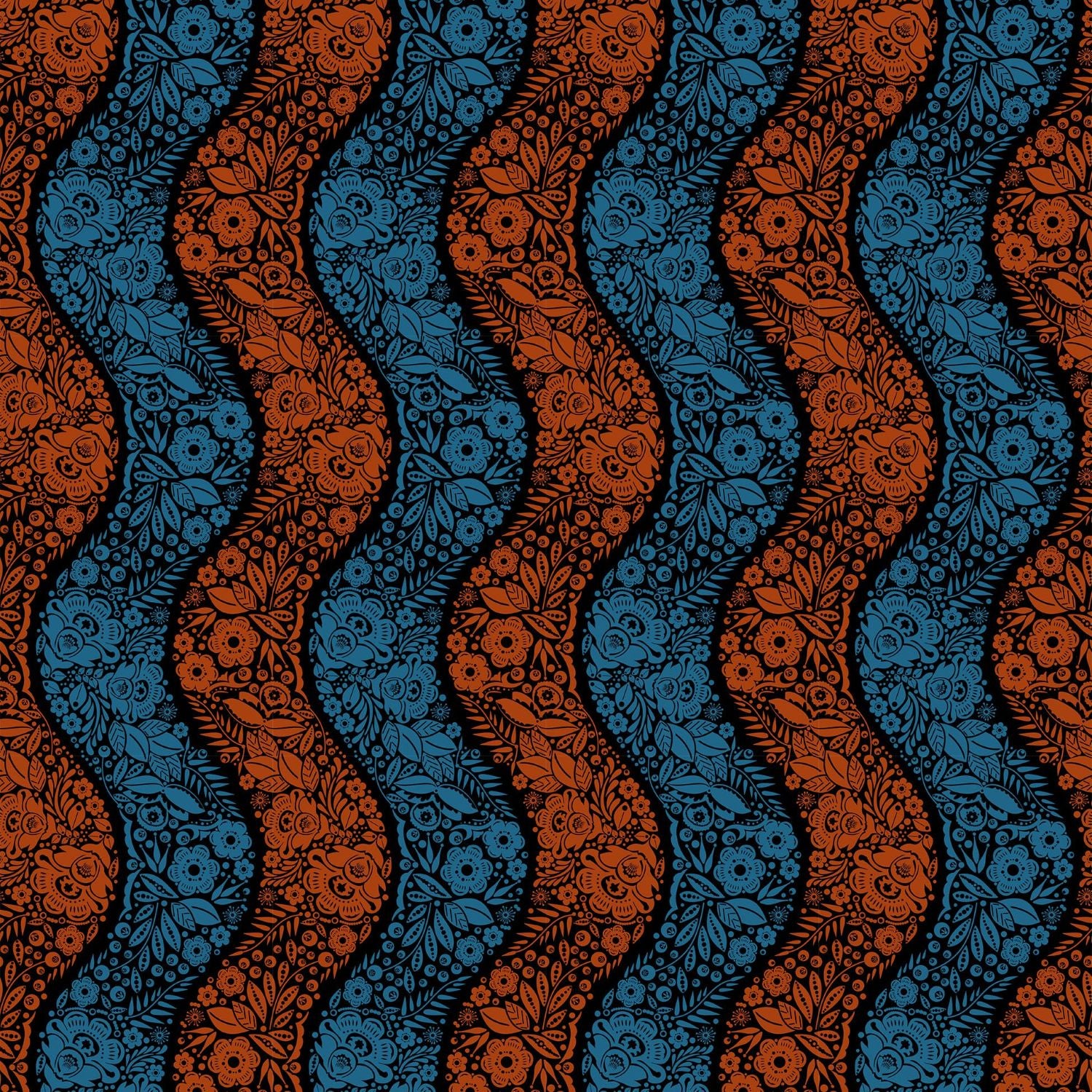 a repeating pattern of blue and orange floral designs on a wavy background.
