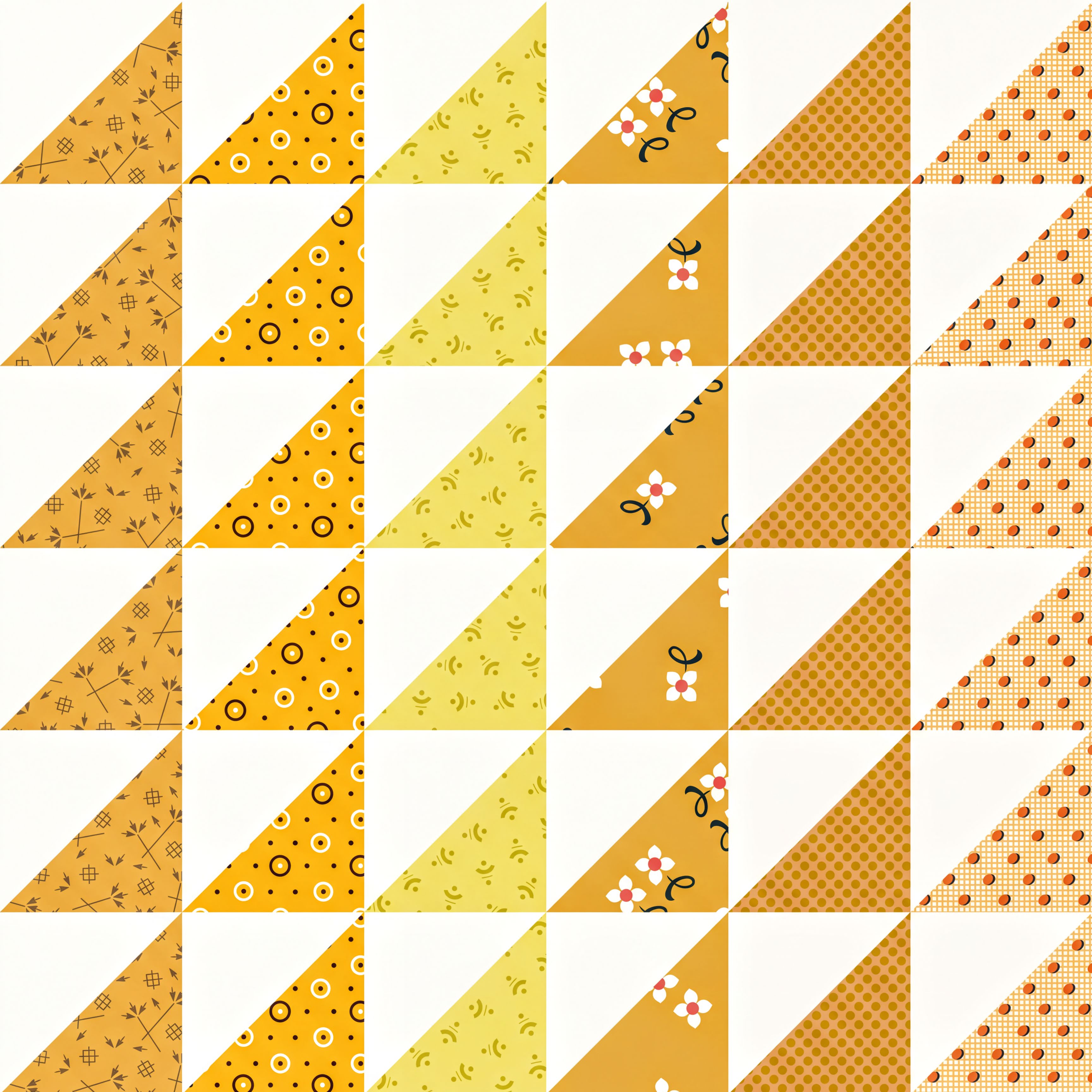The image is a collage of various triangular patterns, each with different colors and designs. The patterns include yellow, orange, and white triangles, as well as more intricate designs such as flowers and polka dots. The arrangement of the patterns creates a visually appealing and diverse composition.