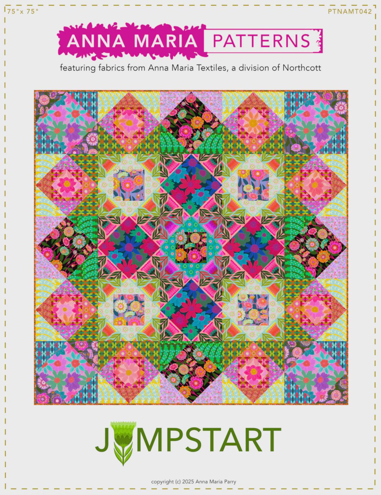 The image is a colorful quilt pattern featuring a variety of floral and geometric designs in shades of pink, green, blue, and yellow.