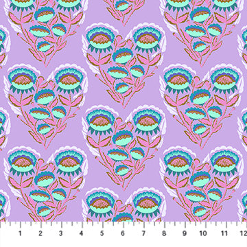 The image is a repeating pattern of heart-shaped flowers with green leaves against a purple background.