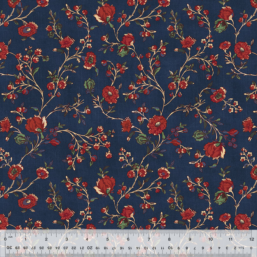 a repeating floral pattern with red flowers and green leaves on a dark blue background.