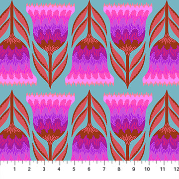 a repeating pattern of stylized pink and purple flowers against a light blue background.