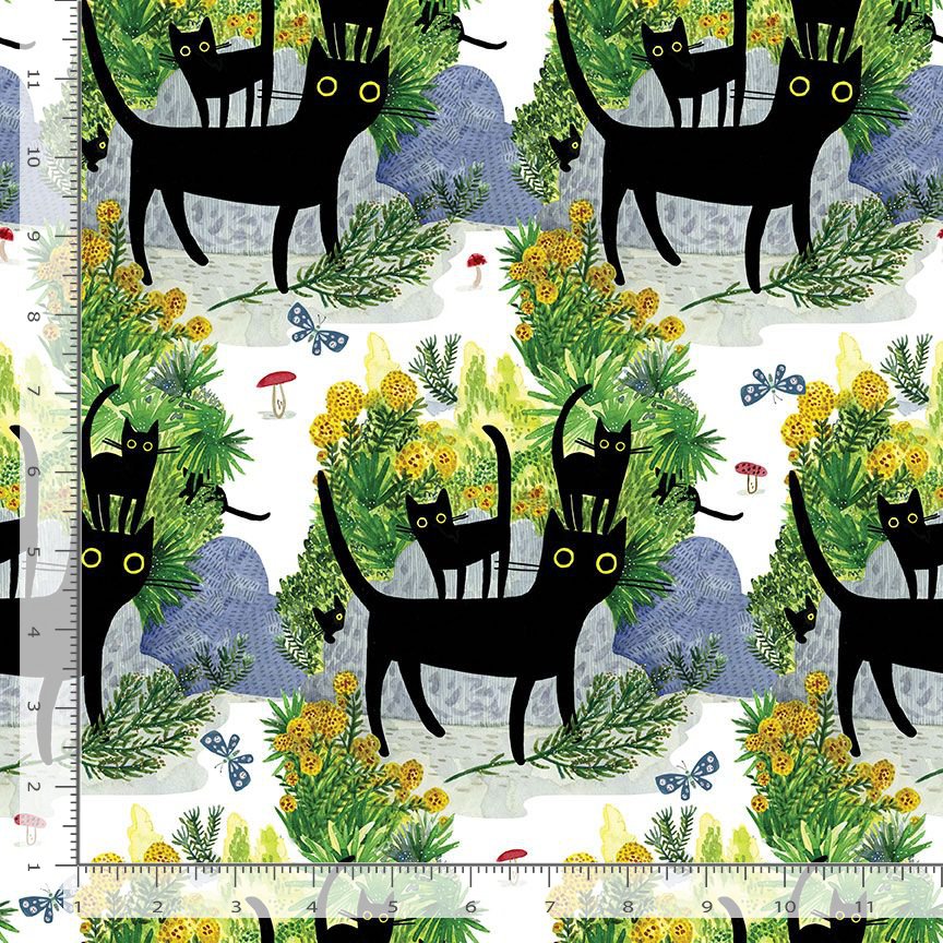 The image is a repeating pattern of black cats surrounded by various elements such as flowers, mushrooms, and butterflies. The cats are depicted in different poses and settings, creating a whimsical and playful atmosphere.